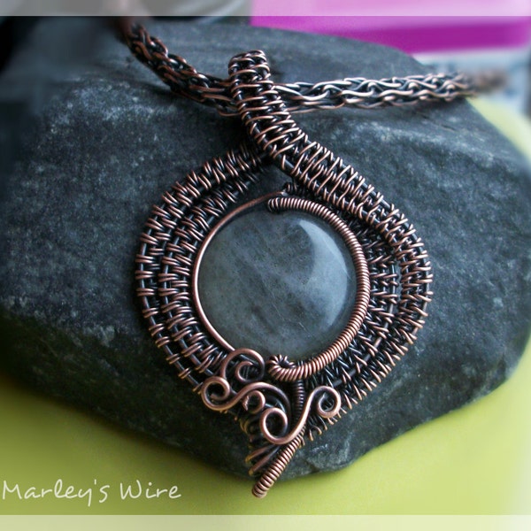 Labradorite & Copper Wire Wrapped Pendant with handmade viking knit chain - OOAK