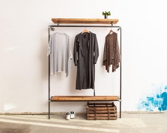 120 cm breite Garderoben / nachhaltige Kleiderstange aus Holz und Stahl // industrial design Garderobenständer / Kleiderständer