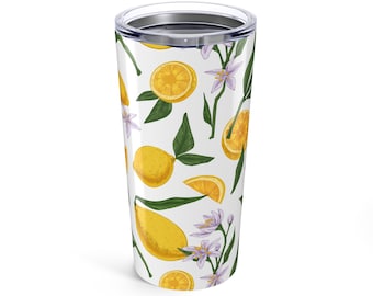 Kubek termiczny Lemon Floral: stal nierdzewna, wzór ogrodu cytrusowego