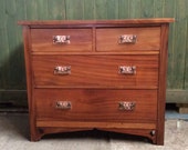 Midcentury Arts and crafts Liberty style copper handle two over two chest of drawers, Arts and crafts art nouveau style Midcentury drawers