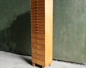 Vintage 1980s filing drawers collectors cabinet, satinwood filing drawers, 18 drawer filing bank of drawers, collectors cabinet