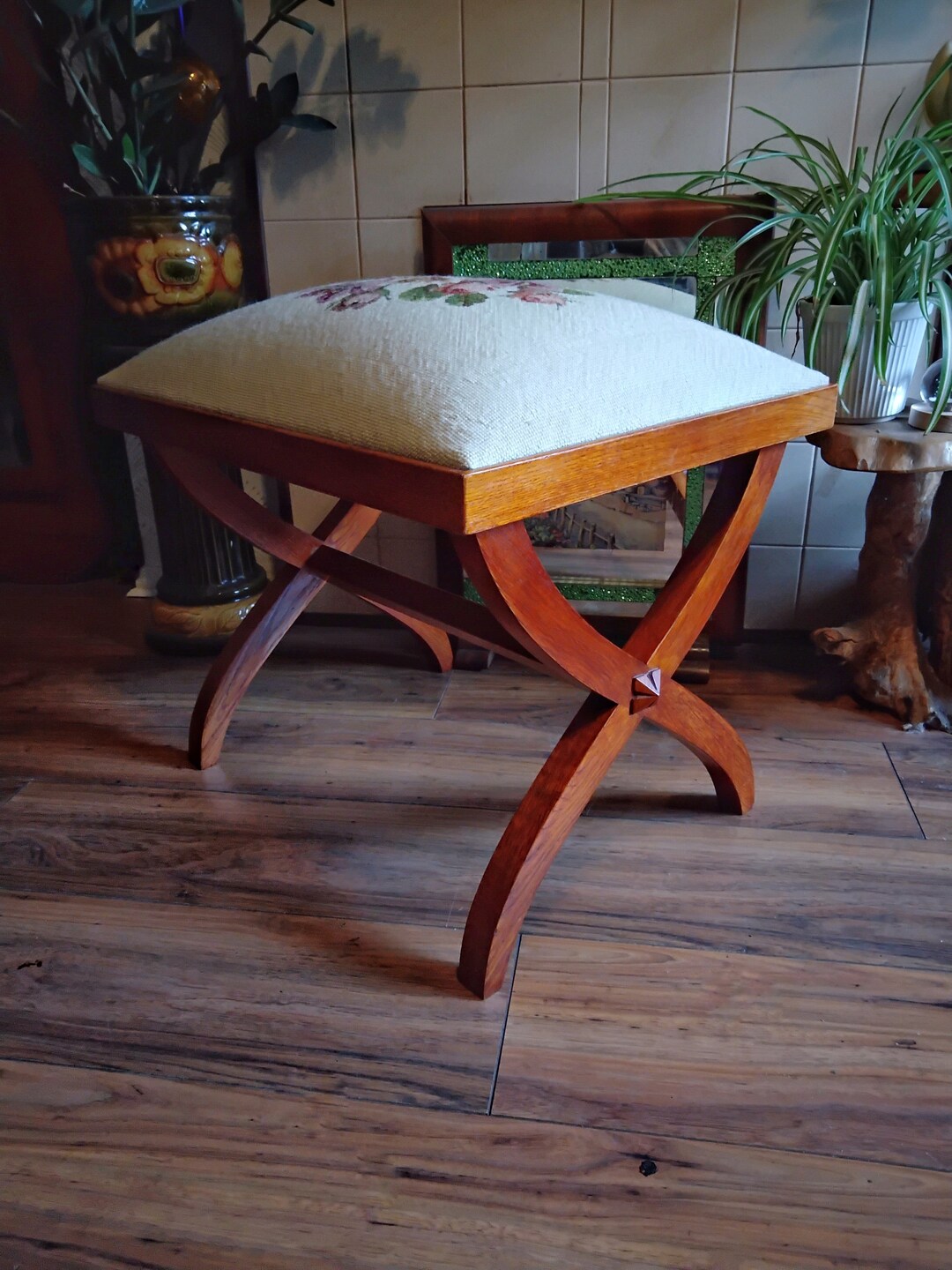 Antique Oak Tapestry Top X Frame Piano/dressing Table Stool Etsy