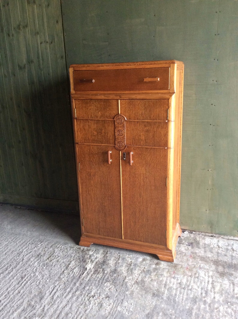 Art Deco 1940s Carved Oak Lowboy Compactum With Drawer Lowboy Compactum Small Wardrobe Lowboy Wardrobe Art Deco Bedroom