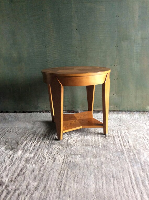 Vintage Art Deco Style Geometric Marquetry Two Tier Round Coffee Side Table Occasional