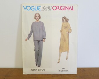 Vintage Vogue Paris Original Nina Ricci dress or tunic and pants sewing pattern 1967. Uncut, Size 12.