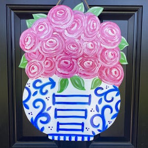 MOTHER&#39;S DAY Gift, Pink Roses Door Hanger, Flower Door Hanger, Blue Chinoiserie Vase,  Summer Door Hanger, Everyday Door Hanger