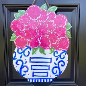 MOTHER&#39;S DAY Gift, Pink Hydrangea Door Hanger, Flower Door Hanger, Blue Chinoiserie Vase,  Summer Door Hanger, Everyday Door Hanger