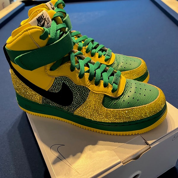 BLING BLING! Women's Custom Swarovski High Top Nike Air Force Ones AF1s Green Bay Packers Baylor Size 8.5