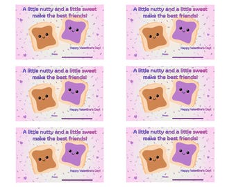 Peanut Butter and Jelly Valentine Card School Classmates   4 x 2.5 inches   Six Valentines on Sheet