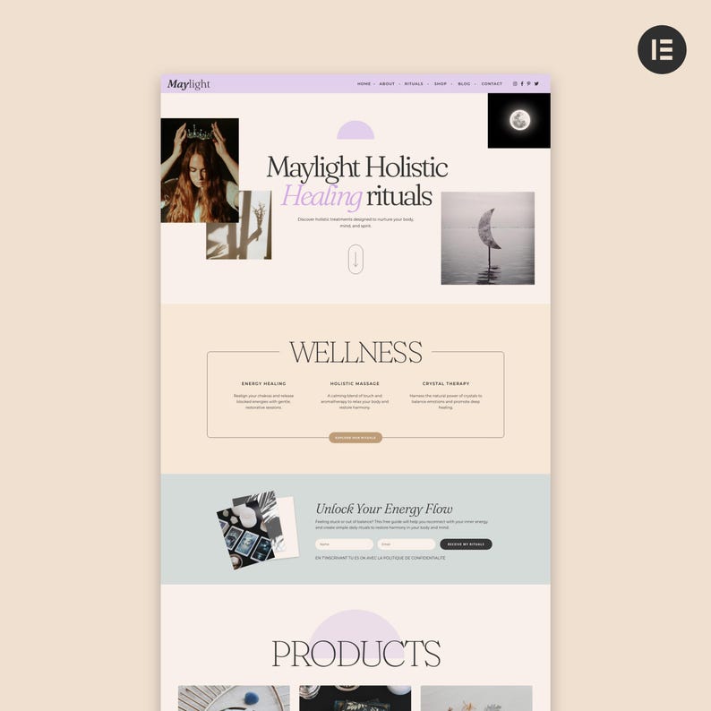 May include: A website design for Maylight, featuring a soft color palette of beige, lavender, and white. The site promotes holistic healing rituals and wellness services. The design includes images, text, and a call to action to unlock energy flow.