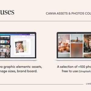 May include: Two laptops displaying Canva assets and photos. The left laptop shows Canva graphic elements, image sizes, and a brand board. The right laptop displays a selection of over 100 photos free to use.
