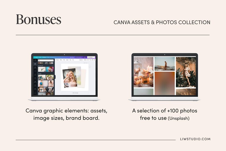 May include: Two laptops displaying Canva assets and photos. The left laptop shows Canva graphic elements, image sizes, and a brand board. The right laptop displays a selection of over 100 photos free to use.