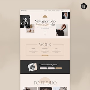 Puede incluir: Diseño web para el estudio Maylight, con una estética moderna en beige y blanco. El sitio incluye secciones para trabajo, portafolio y una oferta de ebook gratuito. El texto "Maylight studio irresistible title" se muestra de forma destacada.
