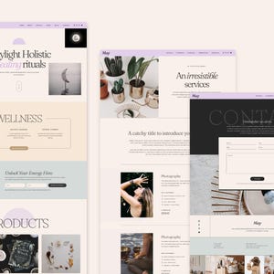 May include: A website design with a soft color palette, featuring the text "Maylight Holistic Healing rituals" and "Wellness." The site includes images of plants, a contact form, and the text "Products."
