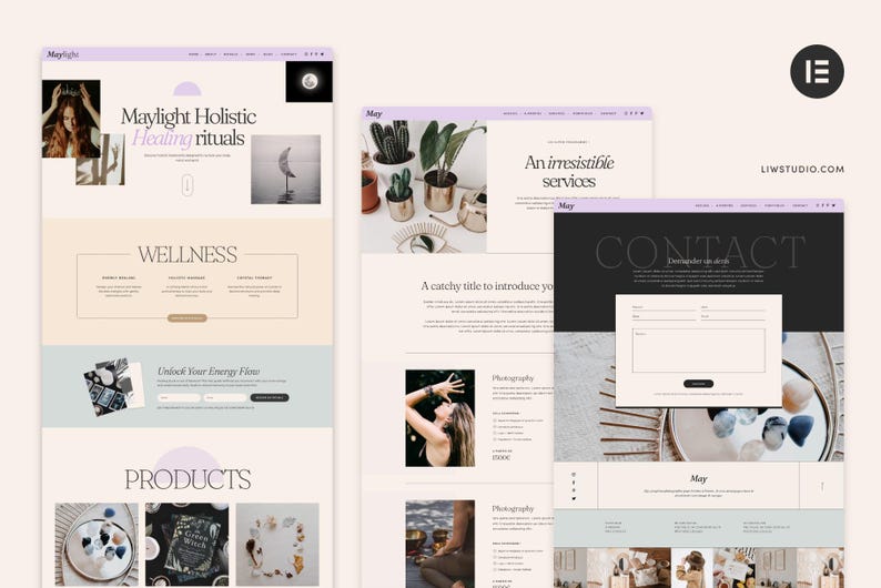 May include: A website design with a soft color palette, featuring the text "Maylight Holistic Healing rituals" and "Wellness." The site includes images of plants, a contact form, and the text "Products."