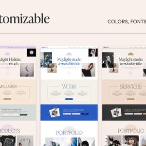 May include: A website design showcasing a customizable template with the text "Customizable" and "COLORS, FONTS & MORE". The design includes website mockups with the text "Maylight Holistic Healing rituals" and "Maylight studio irresistible title". The website address is LIWSTUDIO.COM.