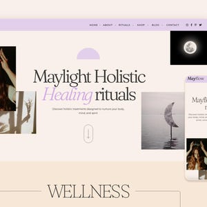 May include: A website design for Maylight Holistic Healing rituals. The design features a light purple and beige color scheme with images of a woman wearing a crown, a moon, and a crescent moon. The website is also displayed on a mobile device.