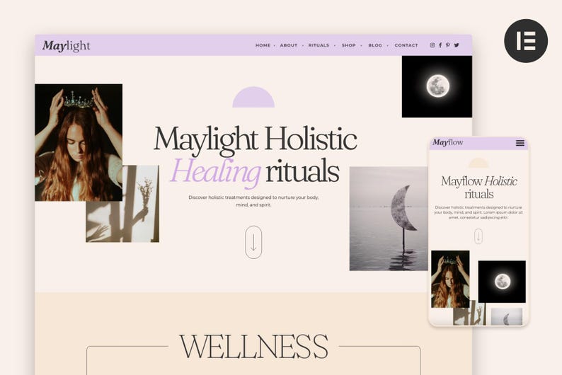 May include: A website design for Maylight Holistic Healing rituals. The design features a light purple and beige color scheme with images of a woman wearing a crown, a moon, and a crescent moon. The website is also displayed on a mobile device.