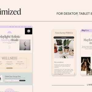 May include: A website design mockup with the text "Optimized FOR DESKTOP, TABLET & MOBILE." The design includes a desktop view, a mobile view, and a tablet view. The website is for "Maylight Holistic Healing rituals."