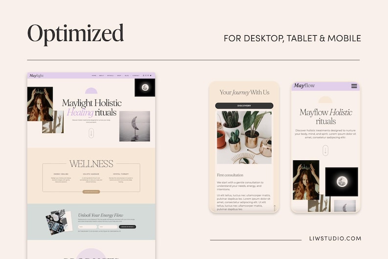 May include: A website design mockup with the text "Optimized FOR DESKTOP, TABLET & MOBILE." The design includes a desktop view, a mobile view, and a tablet view. The website is for "Maylight Holistic Healing rituals."