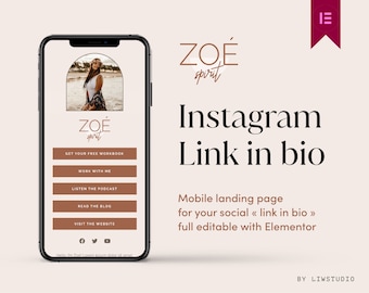 Instagram Link in Bio WordPress Template Kit Elementor, Zoe Spirit, Boho chic, Coach, Natural, Feminine, Wellness, Landing page, LinkTree