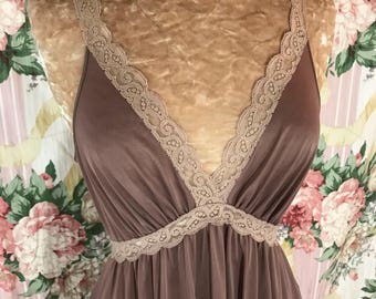 Vintage Olga Mocha Nightgown: Grecian Lace, Open Back (Size Medium)