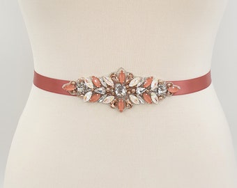 Coral wedding belt, peach rhinestone belt, wedding dress belt, Bridal belt, bridal sash, wedding dress sash, wedding sash, DONATELLA