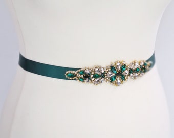 Emerald green sash, emerald green belt, Bridesmaid sash, gold bridal belt, green sash belt, bridal belt, wedding belt, Christmas,  ELISHA