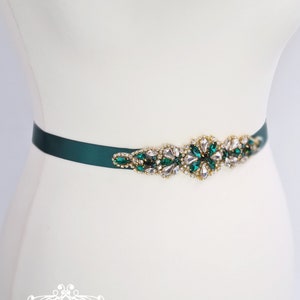 Emerald green sash, emerald green belt, Bridesmaid sash, gold bridal belt, green sash belt, bridal belt, wedding belt, Christmas, ELISHA image 1
