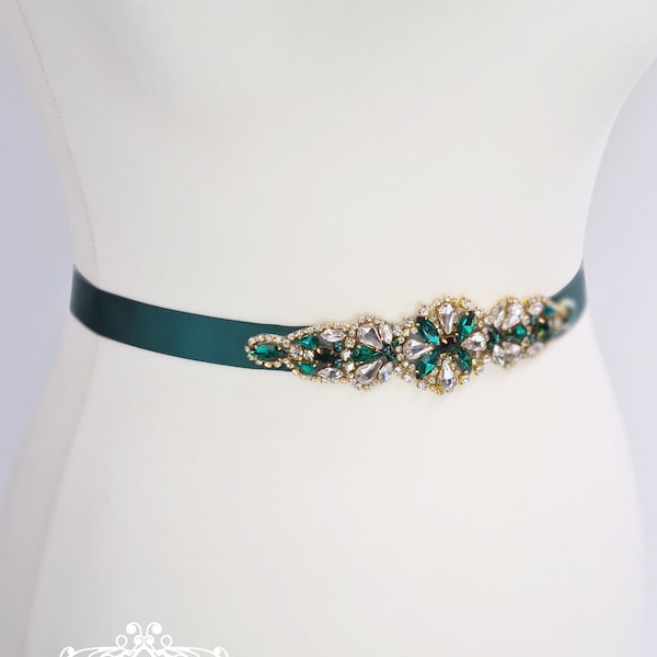 Emerald green sash, emerald green belt, Bridesmaid sash, gold bridal belt, green sash belt, bridal belt, wedding belt, Christmas,  ELISHA