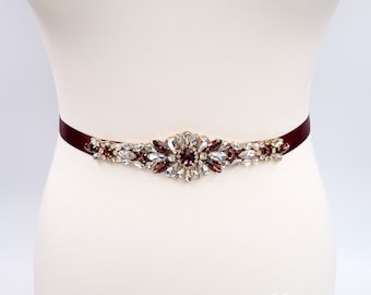 Burgundy wedding rhinestone bridal sash belt FELICIA