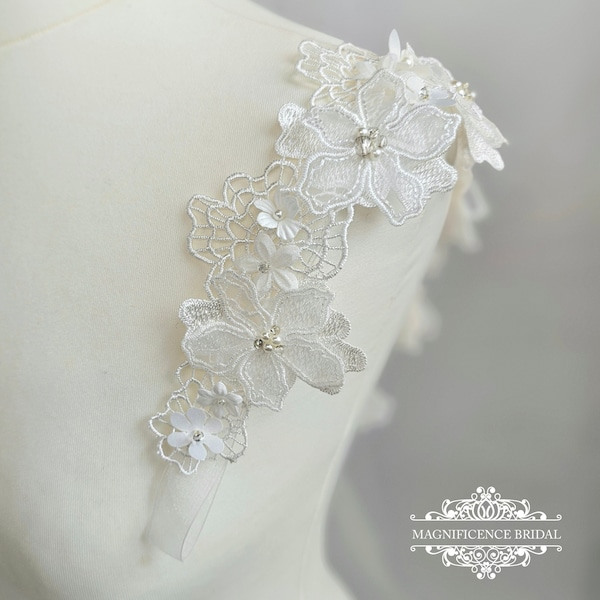 Bretelles en dentelle de mariée, bretelles de mariée 3D, bretelles de robe à fleurs, bretelles en organza à froufrous, bretelles de mariage, housse d'épaule, bretelles en dentelle 3D, ALLY