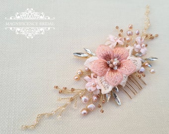 Gold blush comb, coral headpiece, blush pearl comb, gold bridal comb, Bridal hair comb, Bridal headpiece, wedding headpiece THELMA