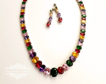 Multi colour jewelry, rainbow necklace, purple green red set, rainbow set, multi colour set, mother of bride cz, color jewelry set BEATRICE