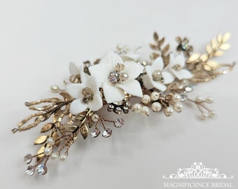 barrette à cheveux vintage, coiffe de mariée, peigne à cheveux de mariée, barrette à cheveux ancienne, barrette vieil or, serre-tête en or, postiche à fleurs en argile, COTTE