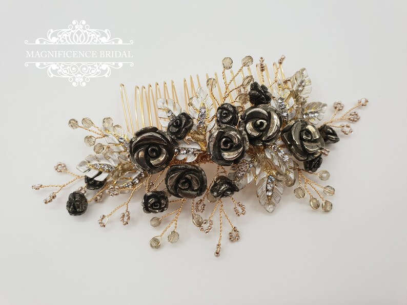 MELODY Gold bridal comb Bridal headpiece Pyrite headpiece Pyrite comb black roses comb Gold headpiece Black bridal headpiece