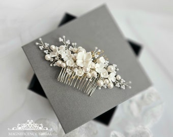 Ivory headpiece, Wedding headpiece, Bridal comb, bridal hair comb, Bridal headpiece, wedding comb, bridal hairpiece, clay flower comb, ALICE