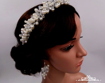 Ivory pearl headband, pearl tiara, pearl headband, wedding headpiece, pearl earrings, pearl crystal tiara, bridal headpiece, PALMIRA