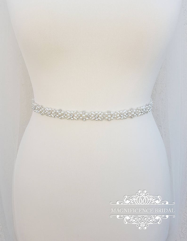 Bridal sash, thin bridal belt, thin bridal sash, thin pearl belt, thin wedding belt, wedding belt, skinny belt, pearl wedding belt, ELINA image 2