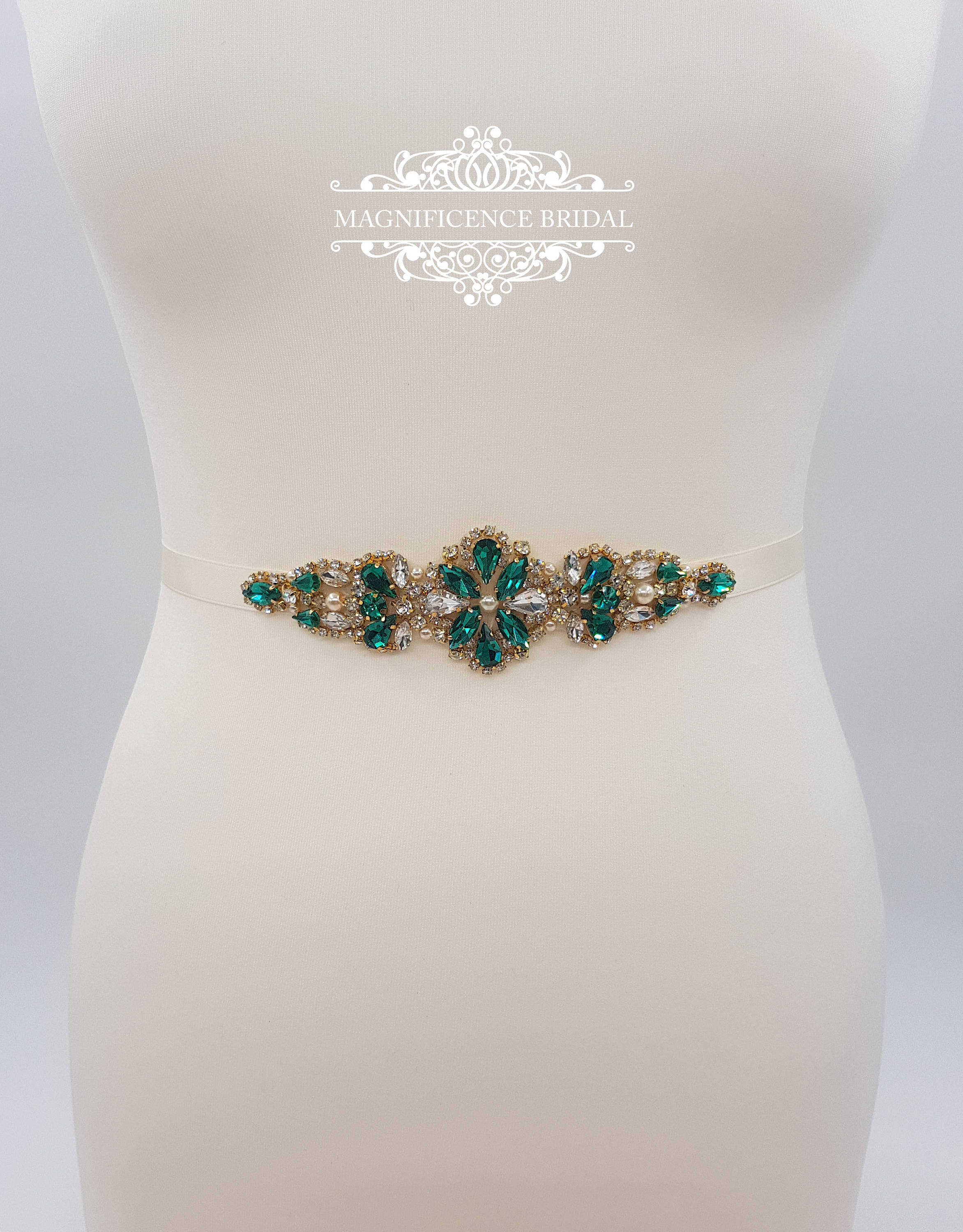 Emerald green sash, emerald green belt, Bridesmaid sash, gold bridal