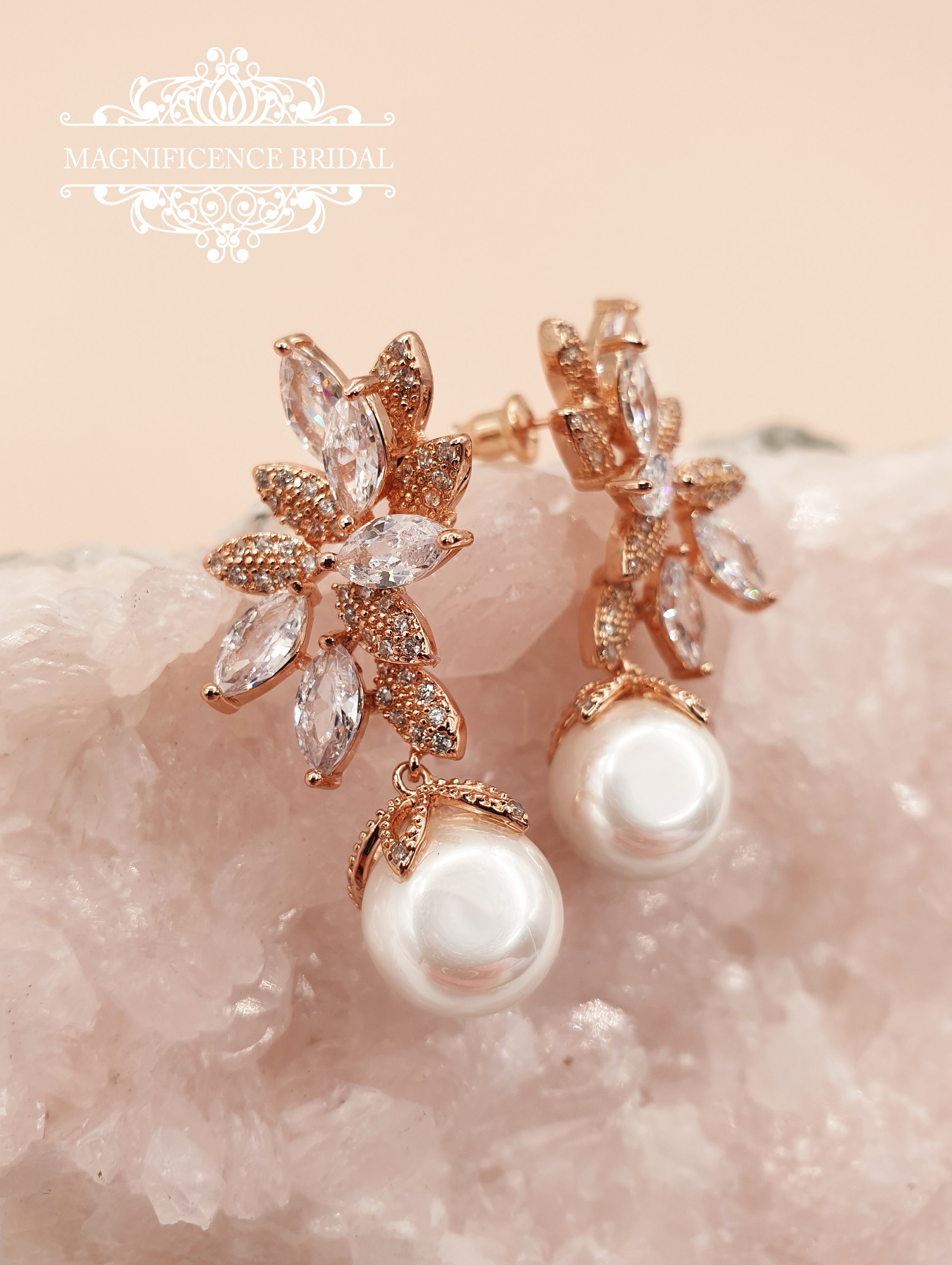 Buy Bridal Pearl Earrings Crystal Rose Gold Earrings Swarovski Online in  India  Etsy