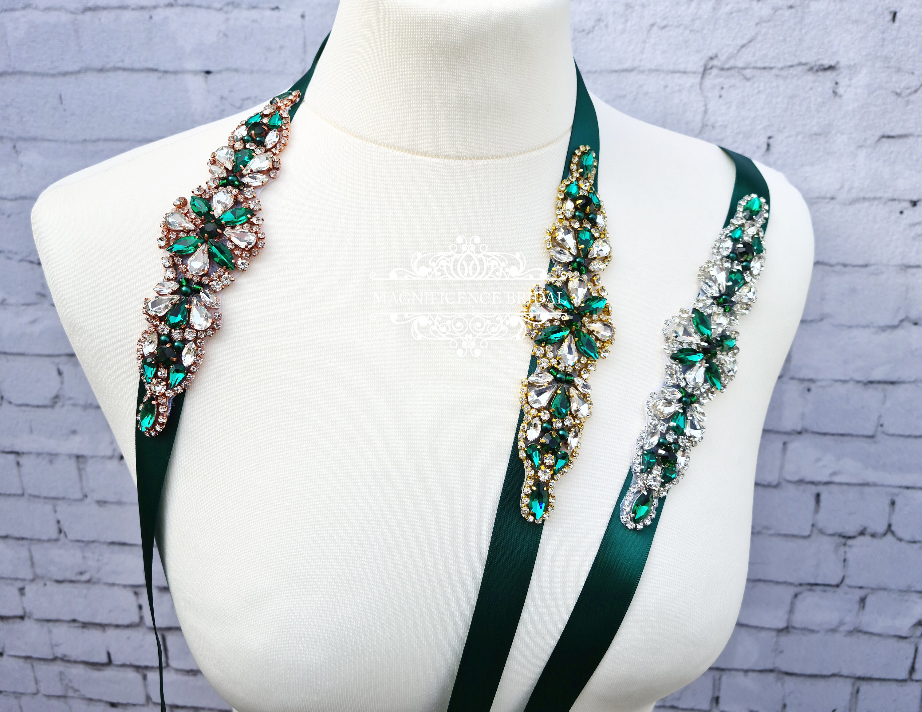 Emerald green sash, emerald green belt, Bridesmaid sash, gold bridal