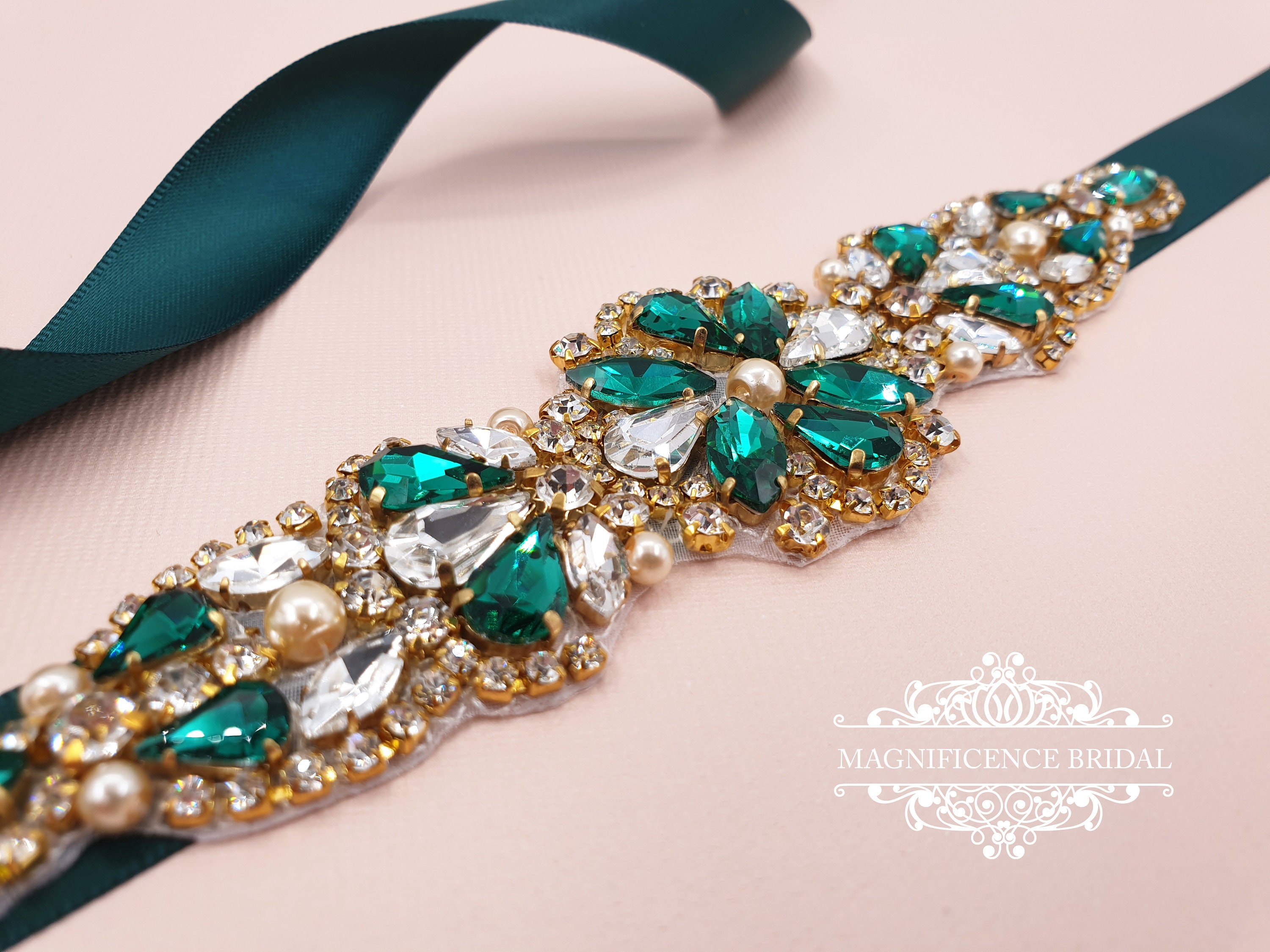 Emerald green sash, emerald green belt, Bridesmaid sash, gold bridal