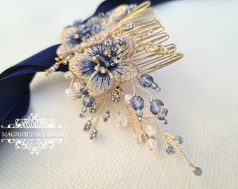 Bridal head piece, gold hair comb, gold comb, navy bridal comb, bridal headpiece, bridal comb, bridal hair comb, gold headpiece LIVIANNA