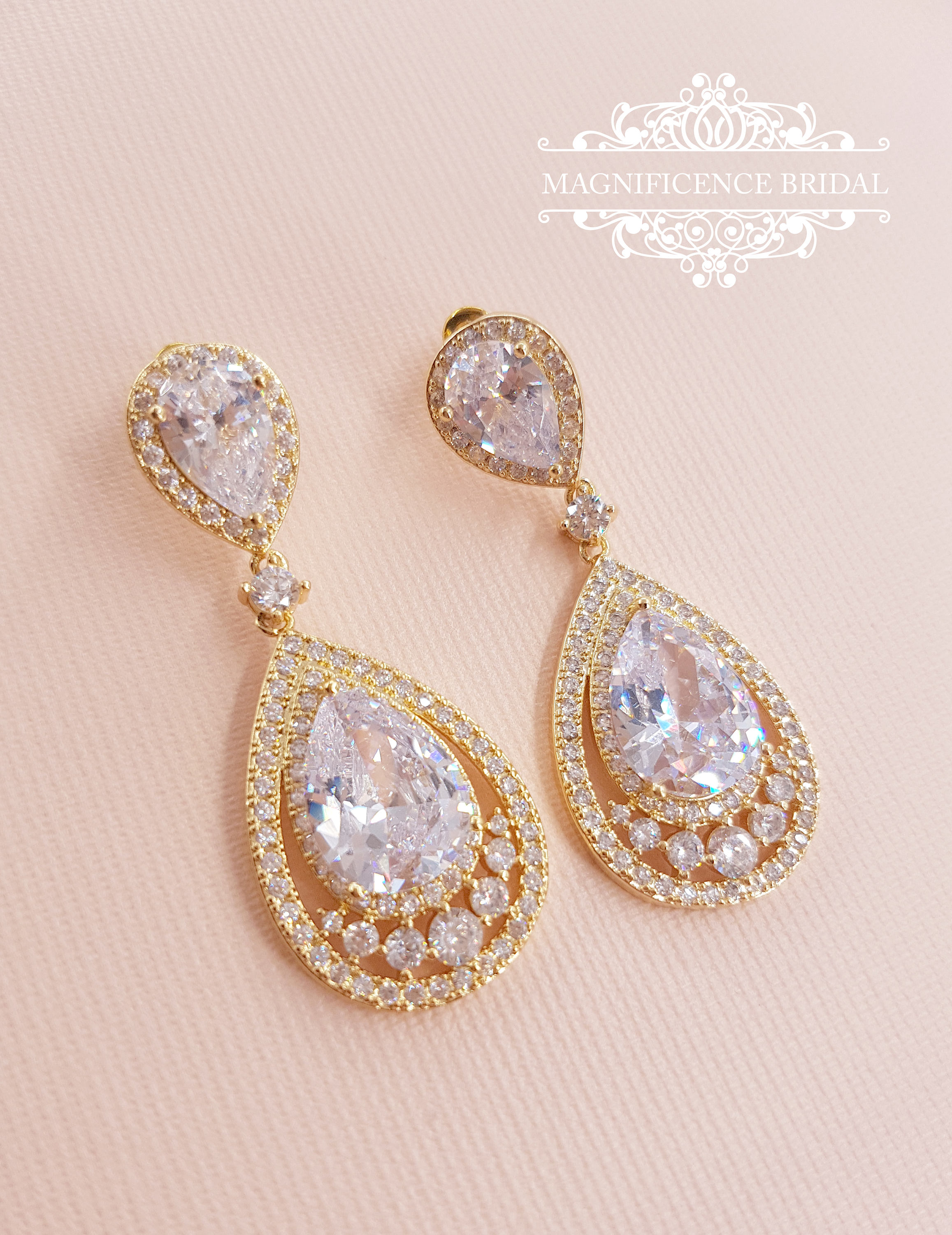 Bridal Drop Earrings, Pear Cubic Zirconia, dangle earrings, bridal gold