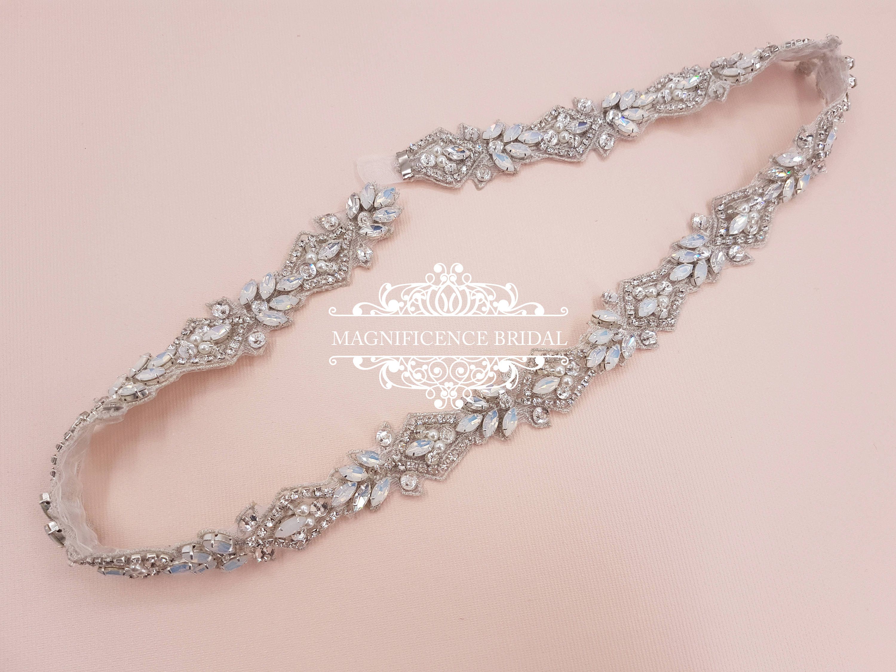 Crystal Flower Bridal Sash Belt Rhinestone Pearl Applique Wedding Sash 18*0.6" 