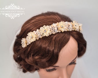 Champagne headband, gold hairband, Bridal headpiece, Wedding headpiece, Bridal hair band, bridal set, gold headpiece, wide headband, KENDRA