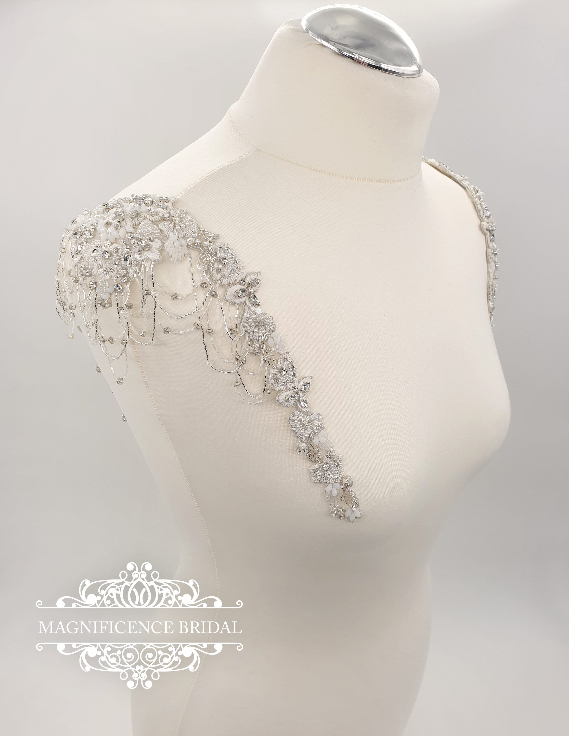 Bridal straps, wedding dress, Beaded shoulders, beaded belt, beaded