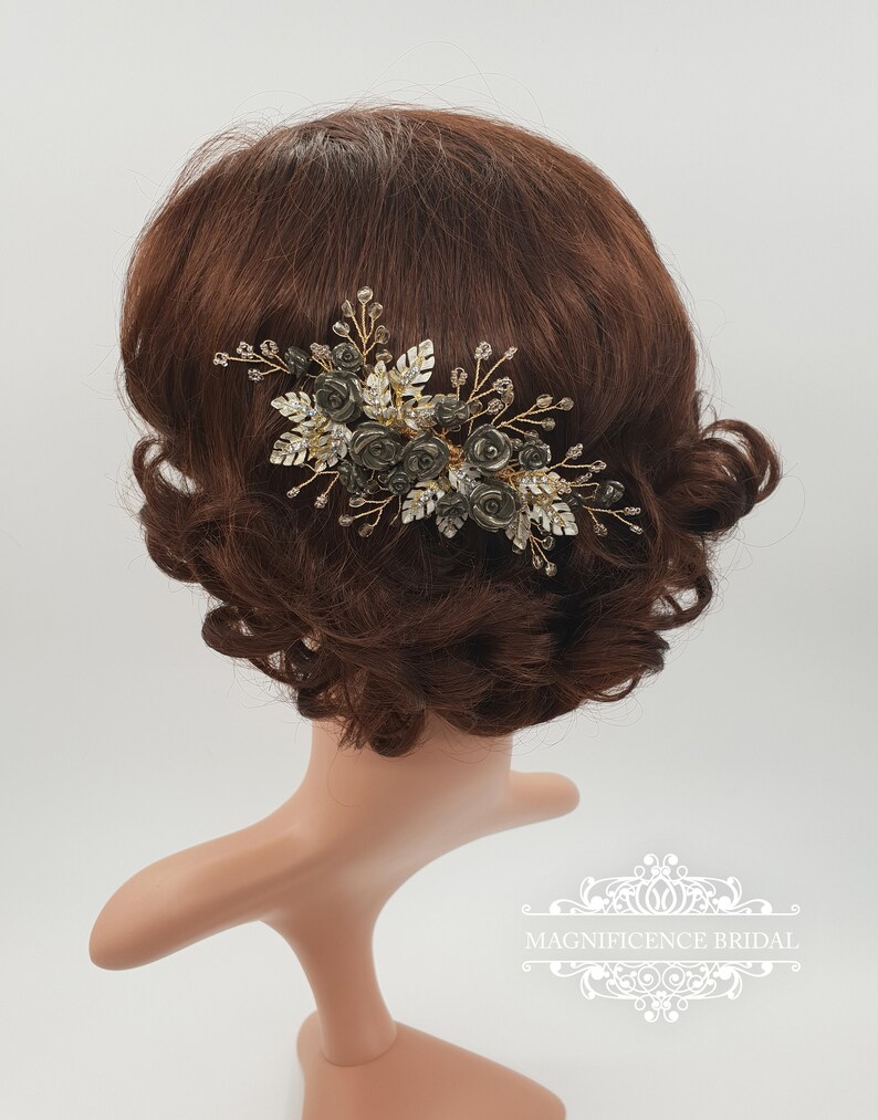 MELODY Gold bridal comb Bridal headpiece Pyrite headpiece Pyrite comb black roses comb Gold headpiece Black bridal headpiece
