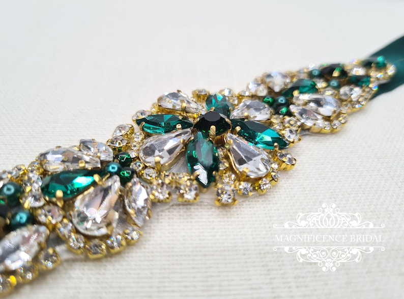 Emerald green sash, emerald green belt, Bridesmaid sash, gold bridal belt, green sash belt, bridal belt, wedding belt, Christmas, ELISHA image 2